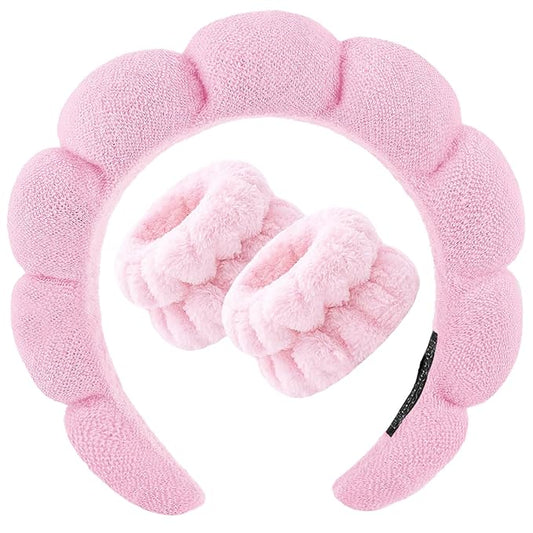 Zkptops Spa Headband for Washing Face Wristband Set Sponge Makeup Skincare Headband Terry Cloth Bubble Soft Get Ready Hairband Women Girl Puffy Padded Headwear Non Slip Thick Hair Accessory(Pink-2)