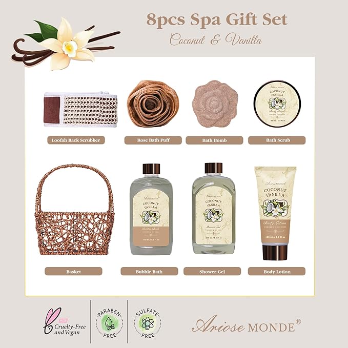 Spa Gift Baskets - Coconut Vanilla Bath Gift Set for Women, Luxury Relaxing Spa Kit with Bath Bombs, Body Lotion and Body Scrub, Birthday Gifts for Women, Christmas Spa Gifts for Mom