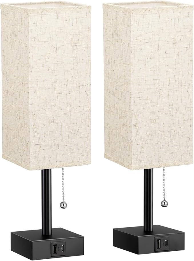 Fenmzee Bedside Lamps for Bedroom Set of 2 - Small Rectangular Nightstand Lamp with USB A C Charging Port, 3 Color Temperatures Desk Light with Bulb, Tabletop Reading Lamp for Living Room/Dorm/Office