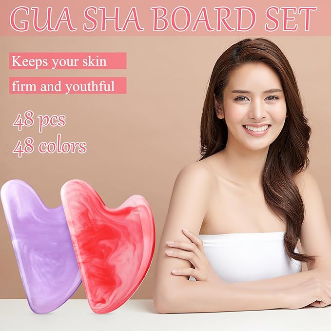 Sherr 48 Pcs Gua Sha Facial Tool Resin Gua Sha Massage Tool Heart Shaped Facial Stone Board for Face Body Skin Massage Spa Acupuncture Prevent Wrinkles (Vivid Colors)