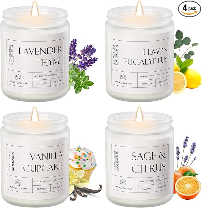 4 Pack Candles for Home Scented, Mother's Day Gifts, 28 oz Long Lasting Candles, Soy Candle Set Gift for Women - Lavender Thyme/Lemon Eucalyptus/Sage &Citrus/Vanilla Cupcake