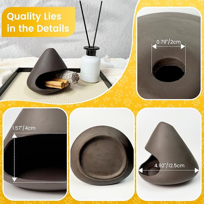 Handcrafted Natural Clay Smudge Pot-Mini Chimenea Incense Holder for Sage, Copal & Palo Santo-Aromatherapy Burner with Unique Design-Perfect Anxiety Relief Gift for Women, Zongzi Style, Black