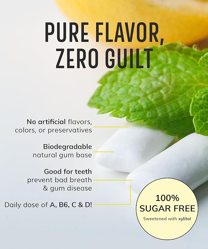 Xylitol Gum Vitamin | Healthy, Sugar Free, Plastic Free, Natural Chewing Gum, Multivitamin A,B6,C & D | Aspartame Free, Boost, Vegan, Gluten Free, Keto | Lemon, 4 pack (56pcs)