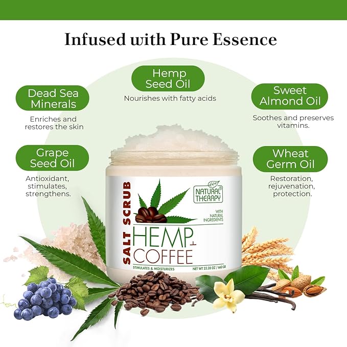 Natural Therapy Hemp & Coffee Salt Scrub – Exfoliating Body Scrub for Women – Moisturizing and Nourishing Skin – with Pure Oils and Dead Sea Minerals (23.28 Oz)