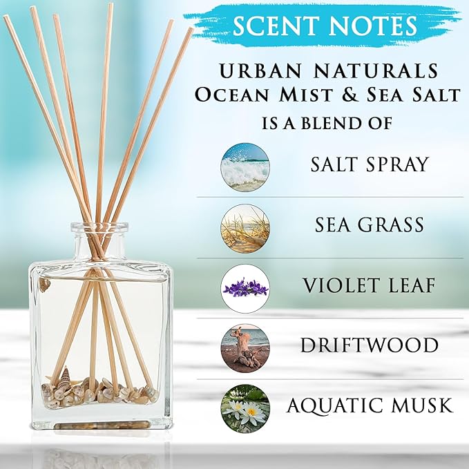 Urban Naturals Ocean Mist & Sea Salt Reed Diffuser Set – Made with Essential Oils & Real Botanicals – Sleek Rectangular Refillable Glass Bottle – Made in The USA