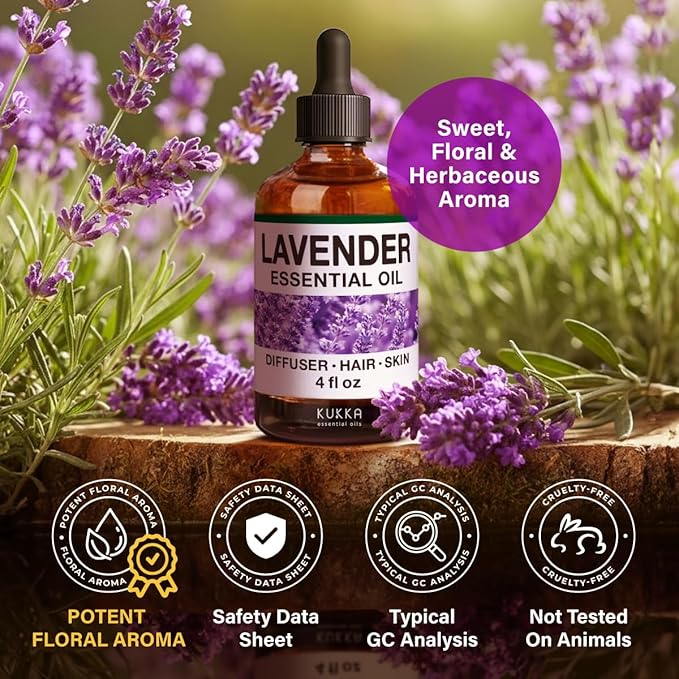 KUKKA Lavender Essential Oils - 4 Fl Oz - for Hair, Skin, Diffuser, Aromatherapy & DIY Soap Making Scent