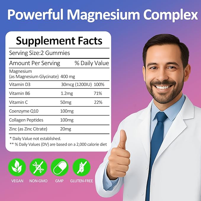 Magnesium Glycinate Gummies 400mg - Sugar Free Vegan Gummies for Adults & Kids with Vitamin D3, B6, C, CoQ10, Collagen, Zinc - Sleep, Muscle, Bone & Memory Support - 60 Raspberry Chewables / 2 Pack
