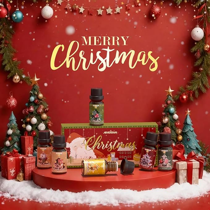 ARVIDSSON Christmas Fragrance Oil Set, Winter Essential Oils for Diffuser, Candle Making - Christmas Spirit, Gingerbread, Apple Cinnamon, Candy Cane, Mistletoe, Holiday Diffuser Oils Gift Set
