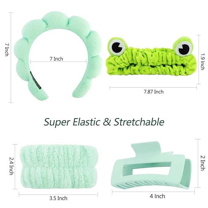 VELSCRUN Spa Headband, Makeup Face Wash Skincare Headbands, 5 Pcs Sponge Get Ready Frog Hairband Facial Wristband Hair Clip Set, Stuff for Teen Girls Women Trendy Fashion Hair Accessories Green