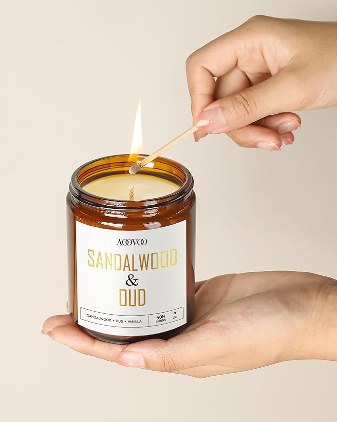AOOVOO Sandalwood Oud Candle - Sandalwood Candle, Scented Candles, Soy Candles for Home Scented, 9oz