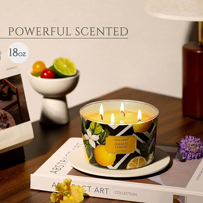 HomeLights Large jar Candle | 4-Wick Long-Lasting Scented Candles, 18oz Natural Soy Wax Candle for Home Scented, Eclectic Mixed Styles Gifts for Women & Men, Amalfi Lemon