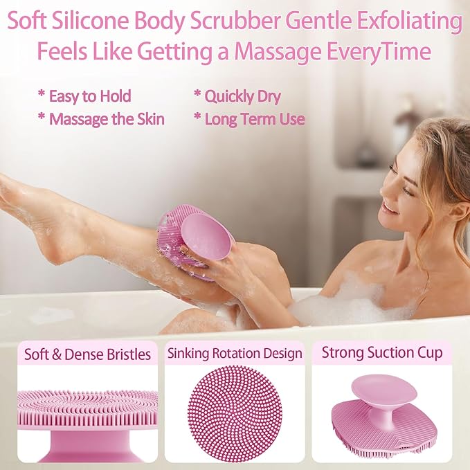 Soft Silicone Body Scrubber Gentle Like a Hand Exfoliating Your Skin and Build Up Lather Easily, Back Large Suction Cup Easy to Store, Long-Lasting & Deep Clean (Pink)