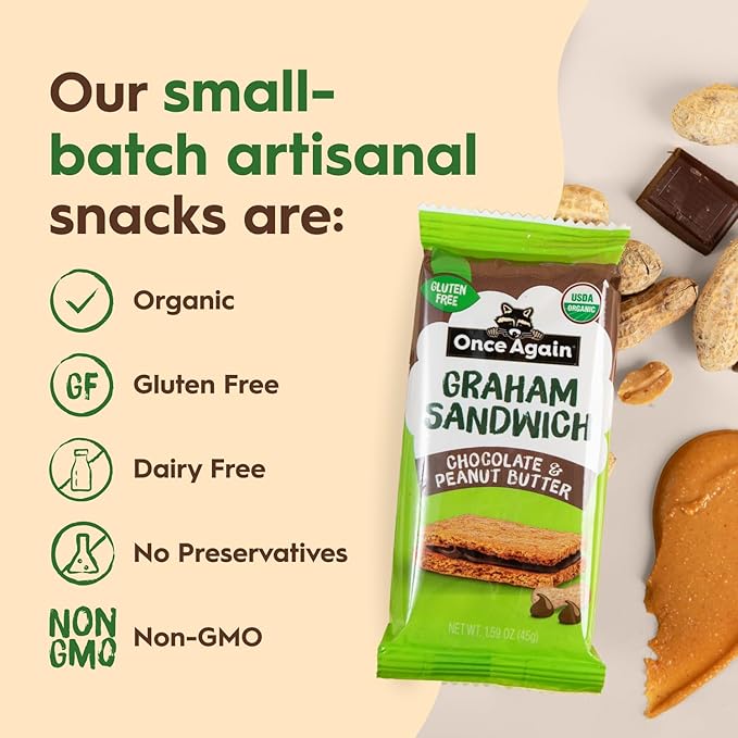 Once Again Chocolate Peanut Butter Graham Sandwiches - Organic, Gluten Free Graham Crackers with PB & Dark Chocolate Filling - Gluten Free Snacks for Kids & Adults - Dairy Free School Snacks, 12 Ct
