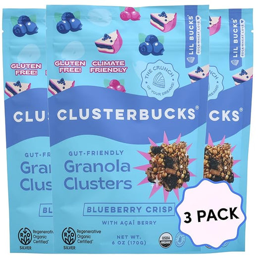Clusterbucks Superfood Clusters – Grain-Free, Keto-Friendly Granola with Regeneratively Grown Sprouted Buckwheat– Gluten-Free, Low-Carb, Organic Healthy Snack (6 Ounce (Pack of 3), Blueberry Crisp)