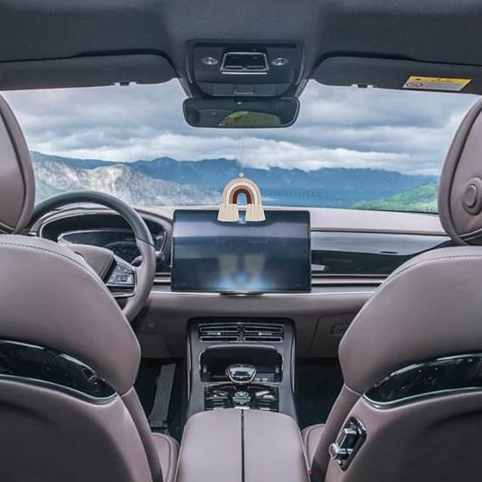 BOHO GARDEN Macrame Bohemian Rainbow Charm - Essential Oil Diffuser for Cars, Baby Nursery, Children’s Bedroom & Home Decor- Colorful Decorative Hanging Air Freshener & Accessories - 3.5x4 - Latte