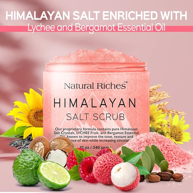 Natural Riches Himalayan Pink Salt Body Scrub, Exfoliating Salt Scrub for Women & Men, Deep Cleansing Body Exfoliant with Lychee & Bergamot Essential Oil – Natural Skin Polish for Smooth, Radiant Glow