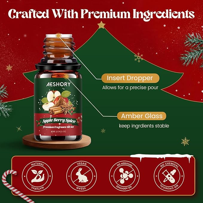 Christmas Fragrance Oil Set, 6 Premium Winter Essential Oils for Diffuser, Scented Oils Gift for Soap & Candle Making, Candy Cane, Fireside Treats, Apple Spice, Mulled Wine, White Christmas, Cookies