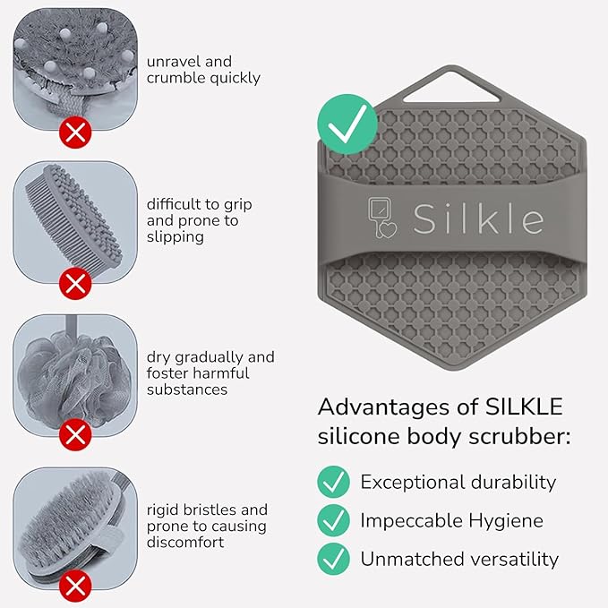 Silicone Body Scrubber - Exfoliating Bath Brush and Skin Cleanser - Shower Sponge for Gentle Body Scrub and Wash - Silicone Scrubbing Care Tool for a Refreshed and Renewed You - Gray