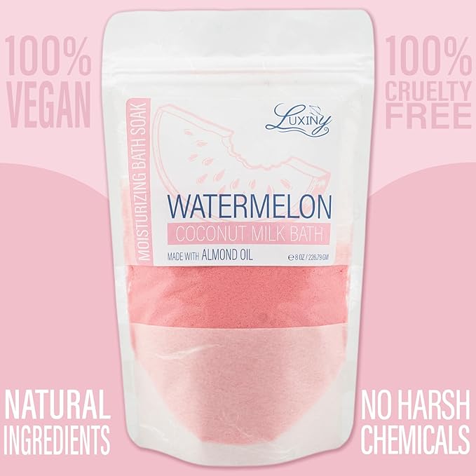 Luxiny Vegan Milk Bath Soak Made with Moisturizing Coconut Milk Powder & Sweet Almond Oil for a Bath Bomb Dust Soothing Fizz & Relaxing Soak, 8 oz. (Watermelon)