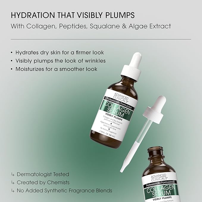 Advanced Clinicals Unscented Collagen Body Cream + Collagen Serum For Face 2PC Skincare Set | Face Serum & Body Lotion For Women & Men Helps Improve Look Of Wrinkles & Dry Skin, Fragrance Free, 2pc