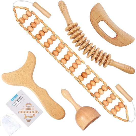 5-in-1 Wood Therapy Massage Tools Lymphatic Drainage Massager for Muscle Pain Relief | Maderoterapia Kit Body Sculpting Tools for Anti-Cellulite, Body Shaping