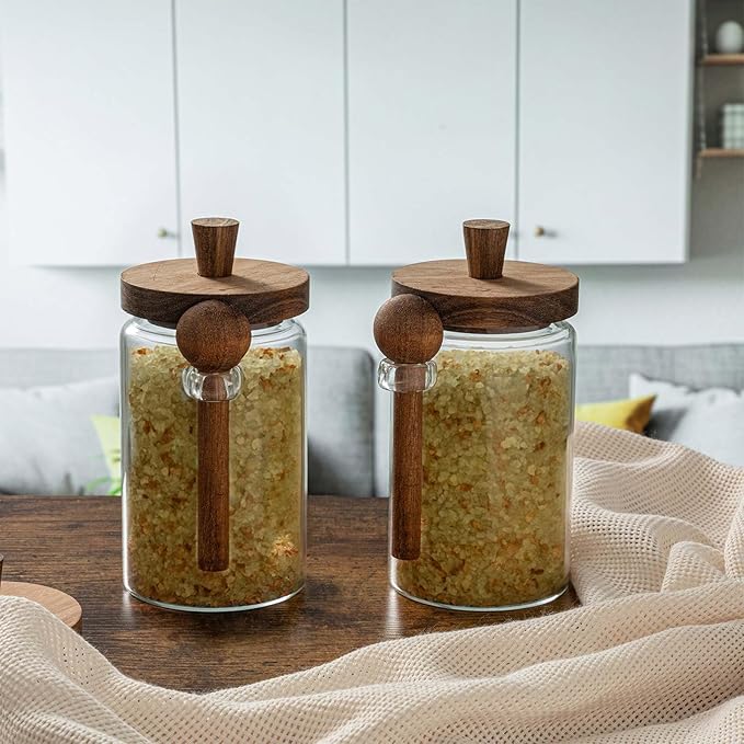 Suclain 2 Set Glass Bath Salts Jar with Wooden Lids and Scoop Bath Salt Container Food Airtight Storage Containers for Sugar Coffee Bean Candy Spice, 26oz