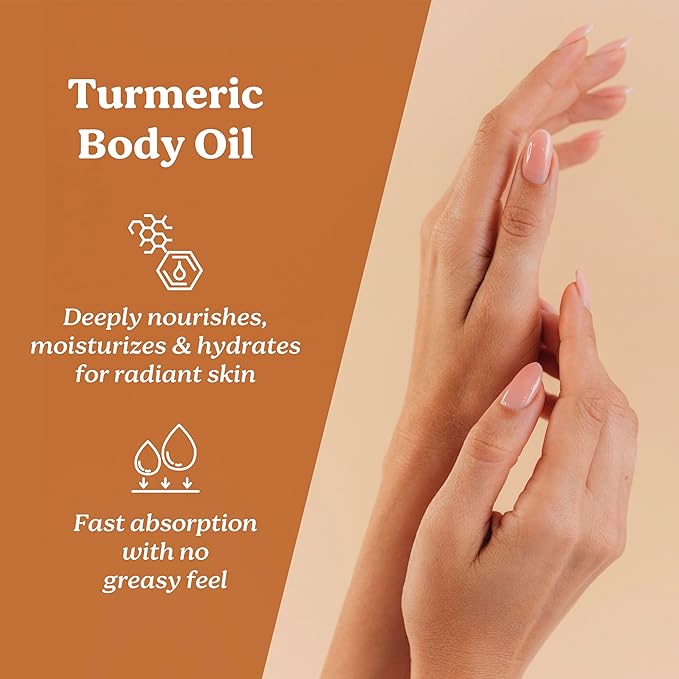 Life & Pursuits Turmeric Body Oil - Ayurvedic Natural Body Massage Oil with Vitamin E, Coconut Oil, Almond & Squalane| Reduces Dark Spots, Brightens Skin (6.8 Fl Oz (1Pack))