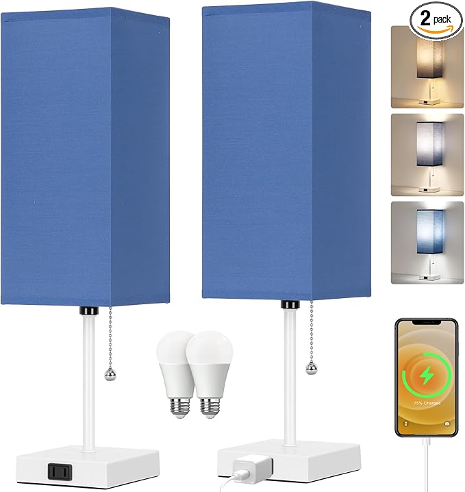 18'' Table Lamp for Bedroom set of 2,3-Color Bedside Lamps with Pull Chain Table Lamps for Night stands ,Small Night Light Lamps with 2 Bulbs Lamps for Living Room Kids Room Office Decor(Blue+White)