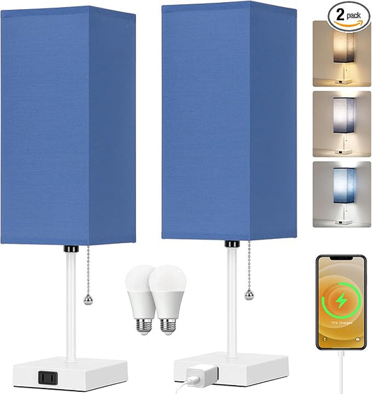 18'' Table Lamp for Bedroom set of 2,3-Color Bedside Lamps with Pull Chain Table Lamps for Night stands ,Small Night Light Lamps with 2 Bulbs Lamps for Living Room Kids Room Office Decor(Blue+White)