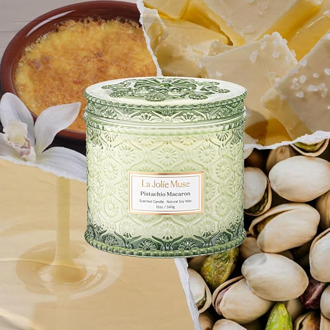 LA JOLIE MUSE Fall Candles | Pistachio Macaron Candle – Pistachio, Milk & Vanilla | 12 oz Double Wick Soy Candle | Natural Soy Wax | 60 Hours Clean Burn | Gift for Dessert Lovers | Seasonal Home Décor