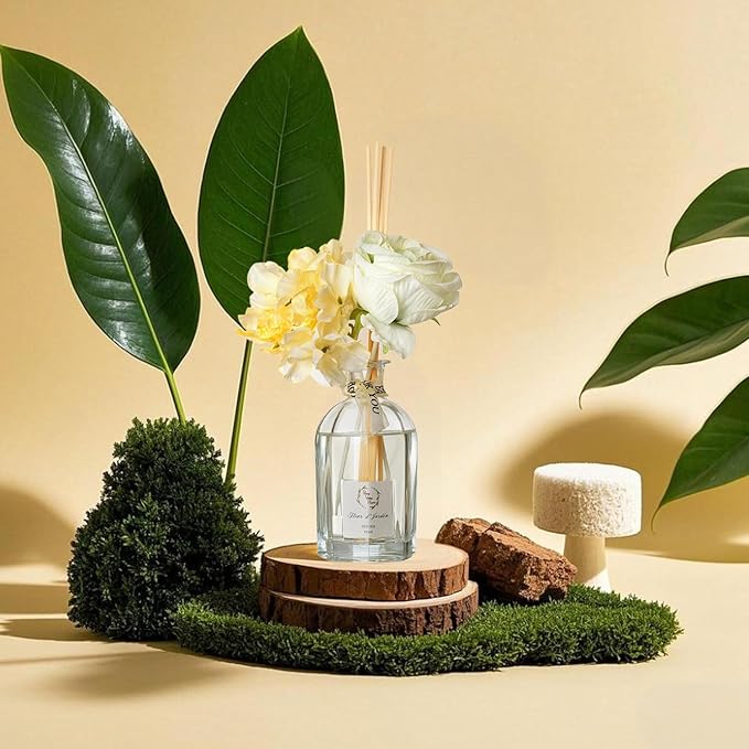 Reed Diffuser Set, Pretty Valley Home Dried Flowers Diffuser 120Ml / 4.05 fl OZ Gift Box - Includes Sticks, Long Lasting Fragrance Oil and Glass Bottle for Office Living Room Decor (Fleur d Jardin)