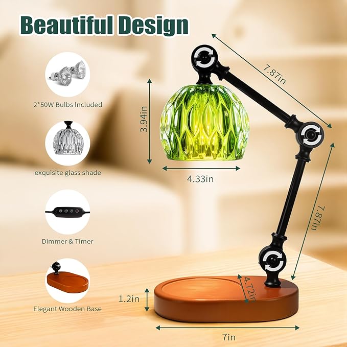 Candle Warmer Lamp, Dimmable Wax Melting Warmer with Adjustable Height, Bedroom Living Room Home Decor, Birthday Relaxation Gifts for Women (Green, Wave)