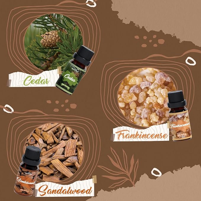 Woody Essential Oil Set, 6 Pure Wood Scents - Frankincense, Cedar, Sandalwood, Agarwood, Frosty Fir, Bamboo & Teak Essential Oils for Diffusers, Humidifiers, Cleaning, DIY Soaps & Candles