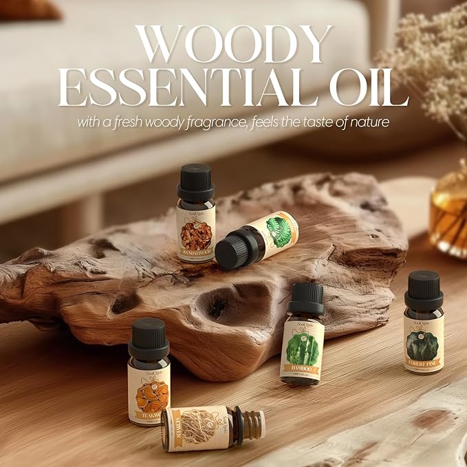 Woody Essential Oils Set, Fragrance Oil Set for Diffuser, Scent Diffuser Oil for Candle Making- Sandalwood, Cedar, Bamboo, Teak, Vetiver, Forest Pine