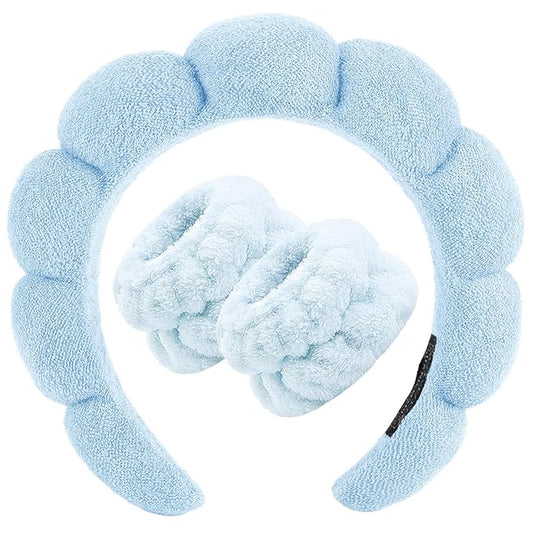 Zkptops Spa Headband for Washing Face Wristband Set Sponge Makeup Skin Care Terry Cloth Bubble Soft Get Ready Light Blue Hairband Women Girls Puffy Padded Headwear Non Slip Thick Hair Accessory