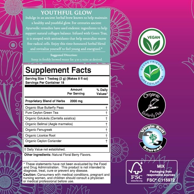 Tรฉrapy Ceylon Youthful Glow Herbal Tea Bags | Helps Maintain Healthy Skin and Hair | 100% Natural Blue Butterfly Peas, Licorice Root, Green Tea & More | Individually Wrapped Organic Tea Bags |18 Count