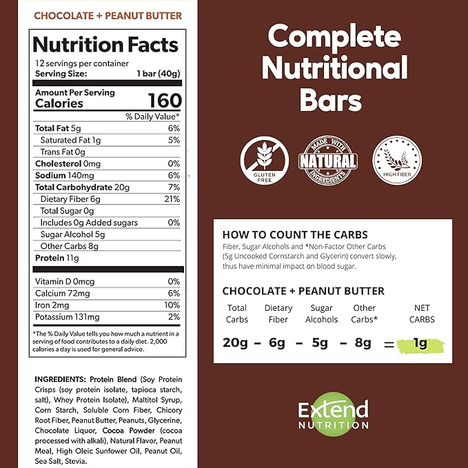 Extend Sugar Free Protein Bars, Perfect Diabetic Snacks, High Protein and Fiber, Hunger Control & Steady Energy, Low Carb, Keto Friendly (12 Count, Chocolate Peanut Butter)