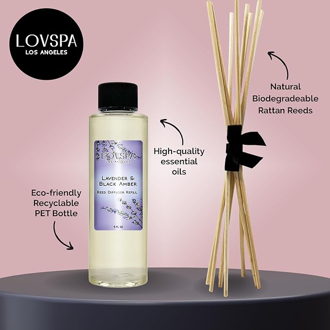 LOVSPA Lavender & Black Amber Diffuser Oil - Luxury Essential Oils for Diffuser Refill & Air Freshener Room Spray - Long-Lasting & Natural Home Fragrance, Scented Oil for Diffusers, USA Made, 4oz