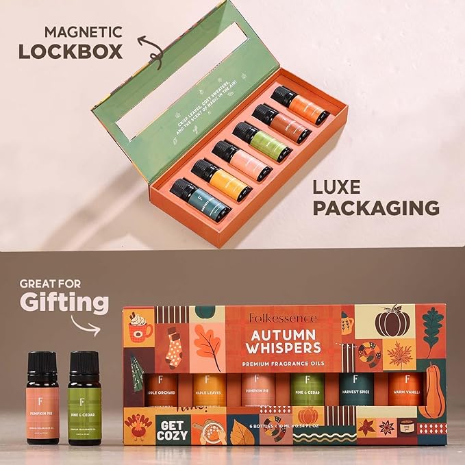Folkulture Essential Oils for Diffuser | Fall Essential Oils Set of 6x0.34 fl oz | 60 ml Fragrance Oil, Diffusers Oils Fall Scents for Home | Oil Diffusers Fragrances for Diffusers | Pumpkin Spice oil
