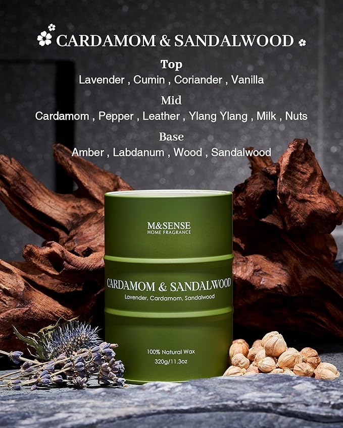 M&SENSE Cardamom Sandalwood Soy Scented Candles, Natural Organic Clean Burning Candles 11.3oz 70 Hours Long Lasting, Relaxing Aromatherapy Candles Gifts for Stress Relief