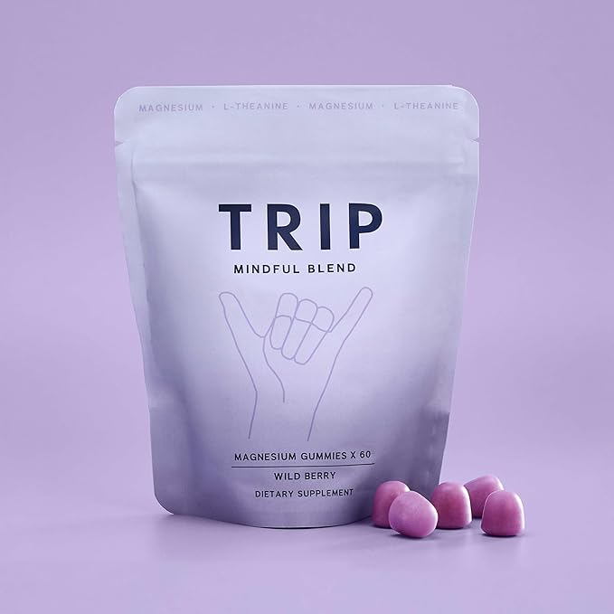 TRIP Magnesium Citrate Gummies Infused with L Theanine, Vegan, Sugar Free Magnesium Supplement for Adults, 180mg per Serving, On The Go Calming Gummy, Wild Berry Flavor, 1 Bag - 60 Count