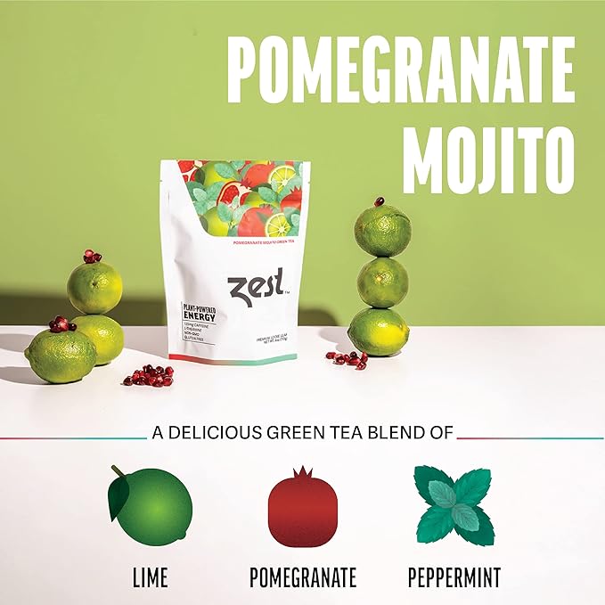 Zest Energy Green Tea - Pomegranate Mojito Loose Leaf Blend - High Caffeine Peppermint - Caffeinated Coffee Substitute - Natural, Non-GMO & Keto Friendly - Hot or Iced - 50 Servings - 135mg Caf