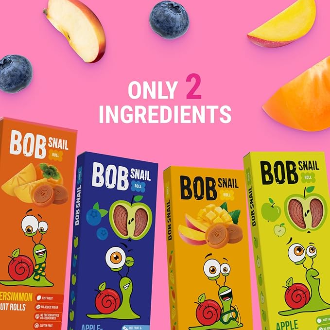 BOB SNAIL Healthy Organic Fruit Snacks for Kids and Adults – 60 Organic Fruit Roll Up with Mango, Apple, Blueberry, Persimmon –Vegan Low-Carb Variety Pack Leather Strips for Kids–Sugar Free Jerky Bar