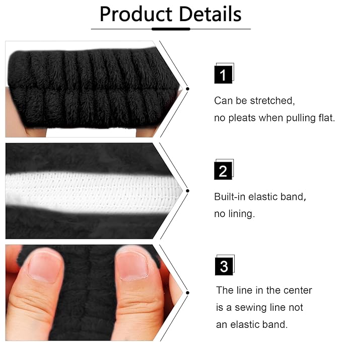 VELSCRUN Spa Headband, Makeup Face Wash Skincare Headbands, 5 Pcs Sponge Get Ready Snail Hairband Facial Wristband Hair Clip Set, Stuff for Teen Girls Women Trendy Hair Accessories Black