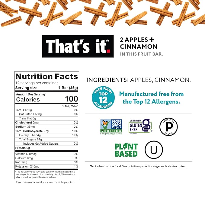 That's it. Apple + Cinnamon 100% Natural Real Fruit Bar, Best High Fiber Vegan, Gluten Free Healthy Snack, Paleo for Children & Adults, Non GMO No Added Sugar, No Preservatives Energy Food (12 Pack)