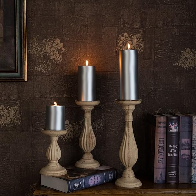 MOZEAL 3" x 8" Hand-Poured Unscented Large Candle,Smokeless Rustic Pillar Candle Set of 2,Slow Burn,No Drip,Approx 150 Hours Burning,Wedding,Dinner,Christmas and Home Decorative,Tall Silver Candle