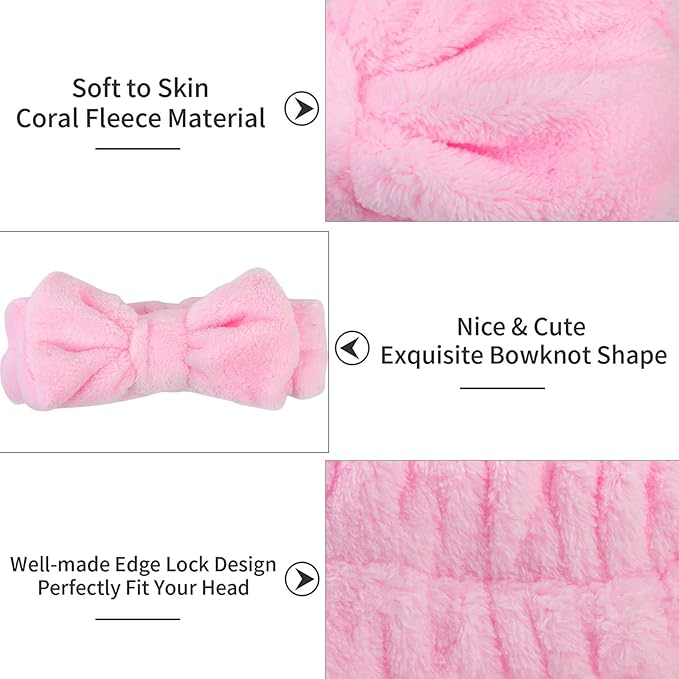 Casoty 8 Pcs Pink Spa Headbands, Soft Coral Fleece Hair Bow Headband for Washing Face, Makeup, Skincare, Yoga, Hair Accessory for Women, Girls, Adults, Gift