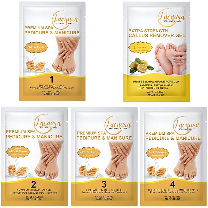 Epsom Salt Soak, Callus Remover Gel, Extreme Sugar Scrub, Collagen Mask & Shea Butter Lotion – Professional Spa Foot Care System 5 Step Luxury Pedicure Kit. Milk & Honey 12 Set