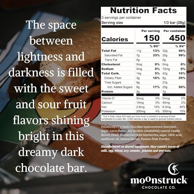 Moonstruck Chocolate Blueberry and Passion Fruit Dark Chocolate Bar, 68% Cacao, 3.0oz (Pack of 4)