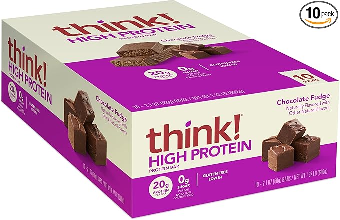 think! Protein Bars, High Protein Snacks, Gluten Free, Kosher Friendly, Chocolate Fudge, Nutrition Bars, 2.1 Oz per Bar, 10 Count (Packaging May Vary)
